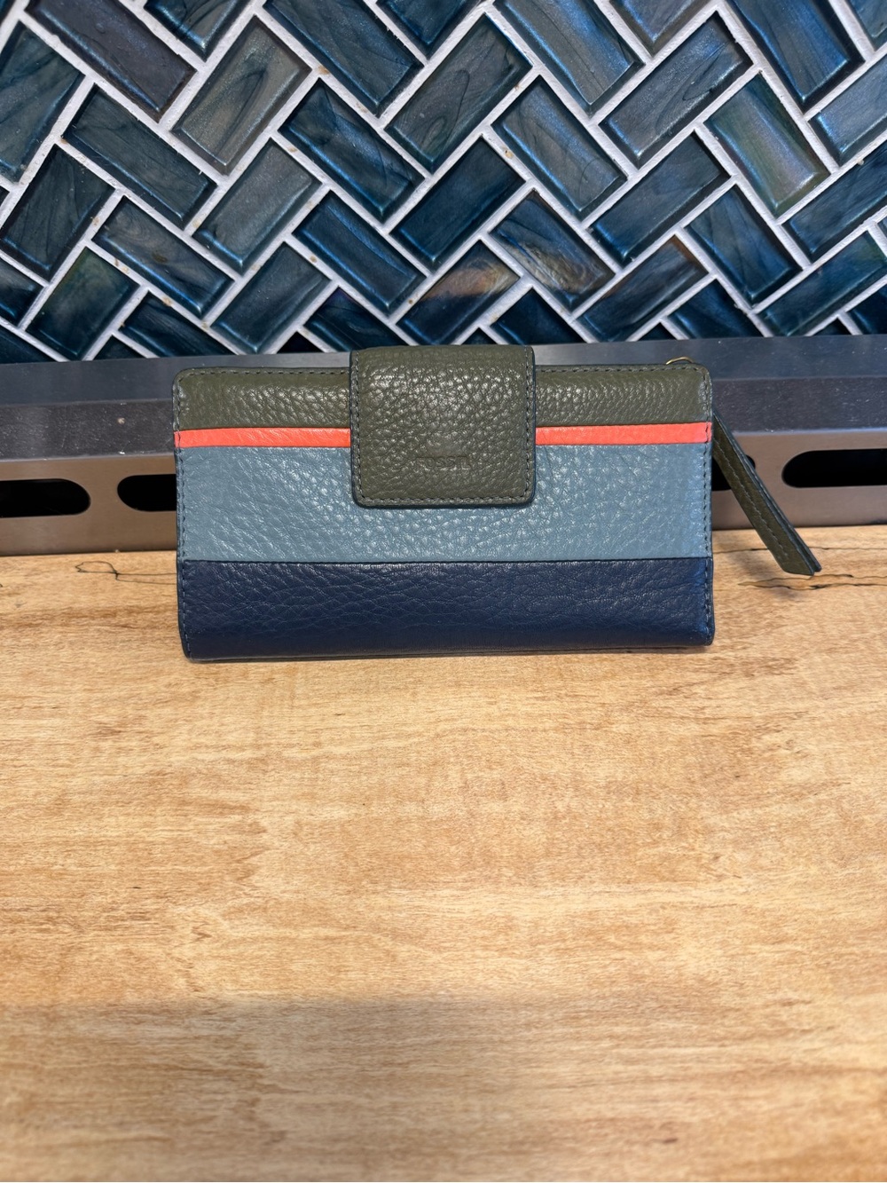 Fossil Colorblock Leather Wallet - Olive, Light Blue, Navy & Coral Accent